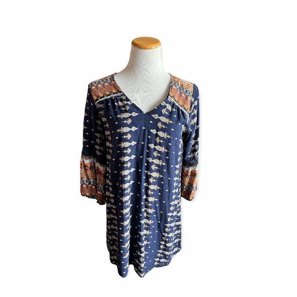 Womens Umgee Airy Navy Blue Boho V Neck Tunic Dress - Sz S - Picture 1 of 1